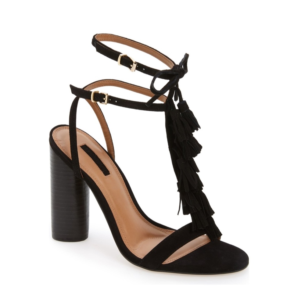 TOPSHOP Ripple Black Suede Tasseled Round Block Heel Sandals